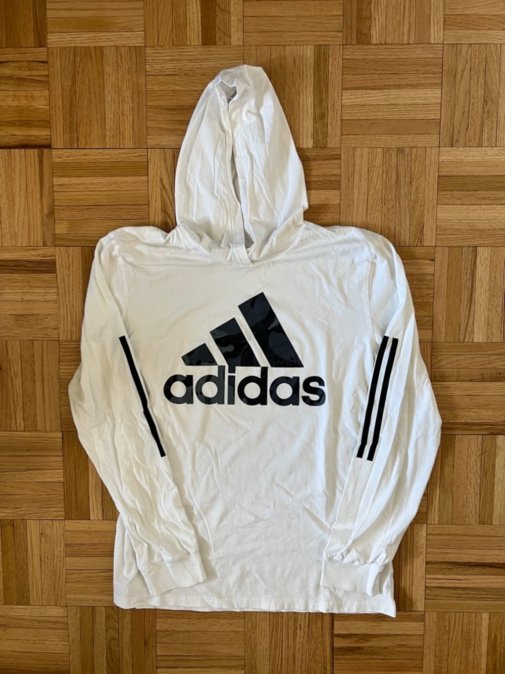 Boy’s Adidas Lightweight White Hoodie Tee with Black Logo and Sleeve Stripes